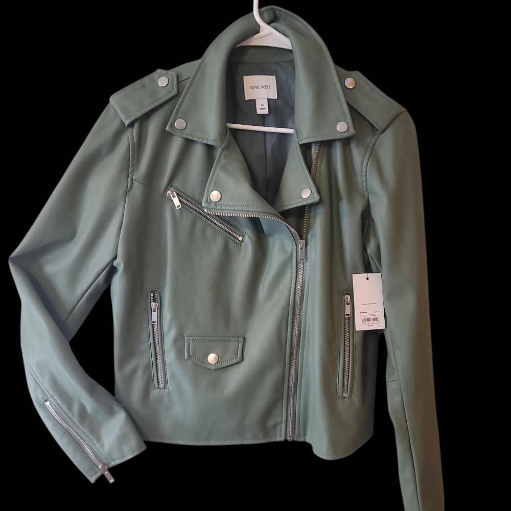 Nine West Green Faux Leather Moto Jacket